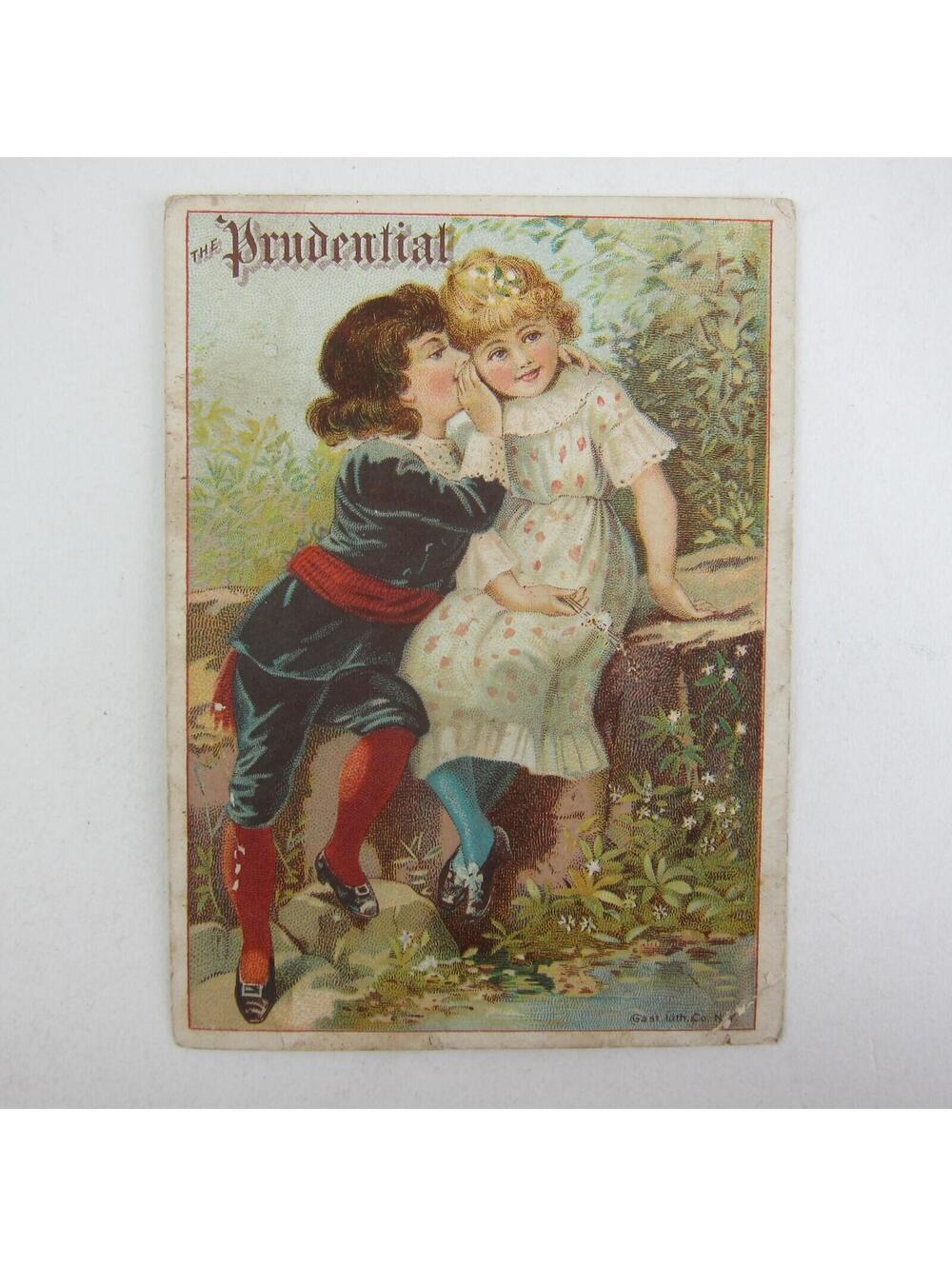 Victorian Trade Card Prudential Insurance Boy Whispers Secret to Girl Antique - Picture 1 of 12